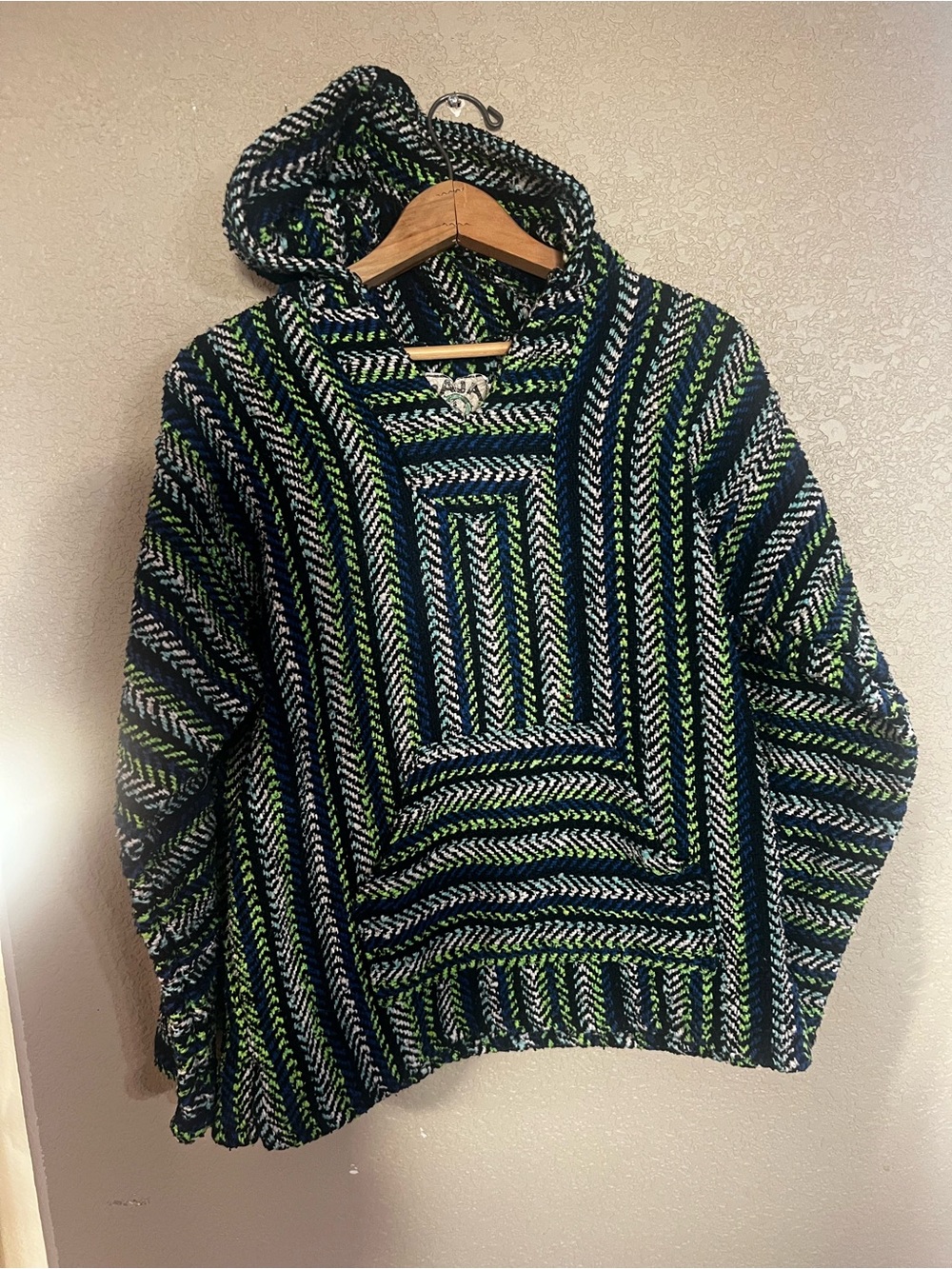 Baja Joe Striped Mexican Poncho Hoodie Green Blue